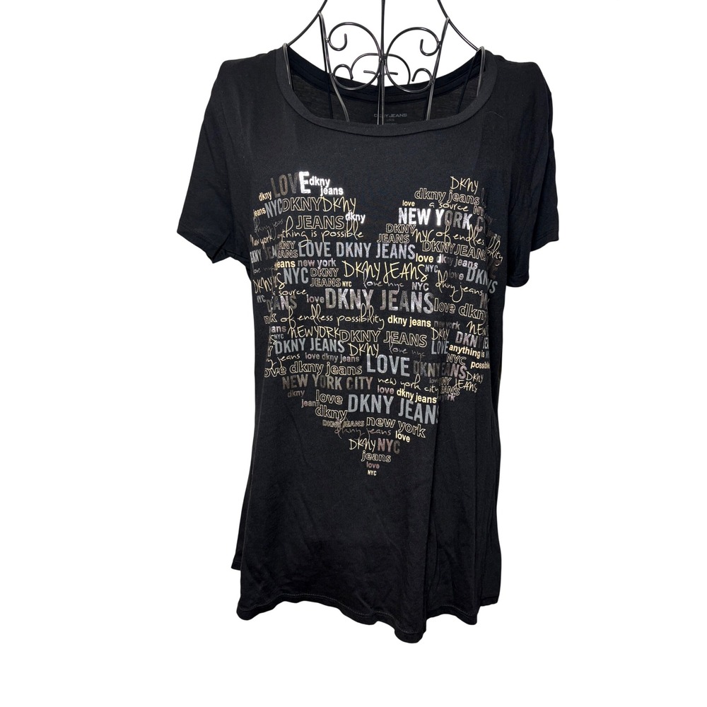 DKNY Jeans NWT Black Heart Graphic T-Shirt Metallic Silver Gold Logo - Large